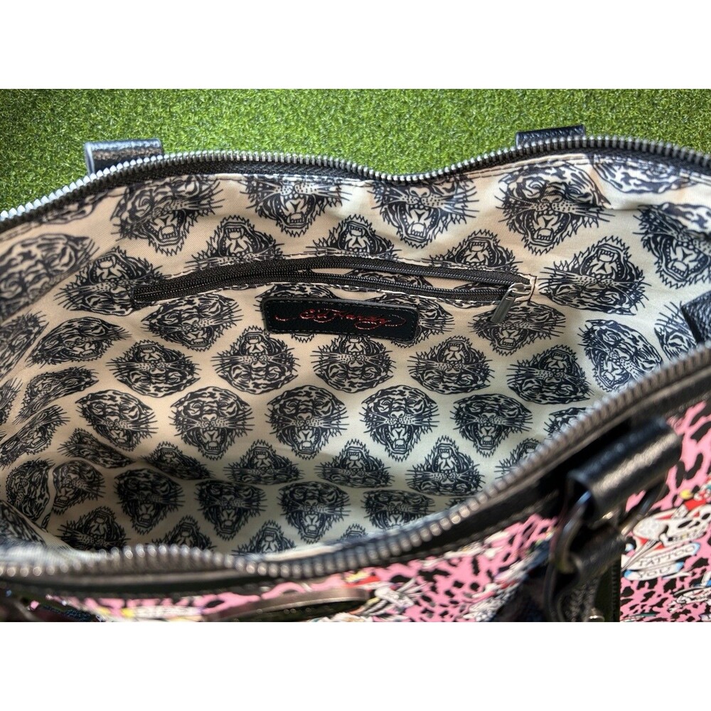 Ed Hardy Pink Leopard Tattoo Skull Rhinestone Satchel Y2K Crossbody Bag EUC!! - Picture 8 of 12
